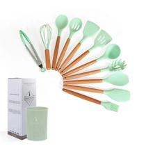 Kit 12 Pecas Utensilios De Cozinha Completo Silicone Cabo Em Madeira Espatula Pegador Concha