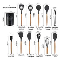 Kit 12 Peças Utensílios De Cozinha Em Silicone Cabo Madeira Cor Preto