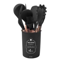 Kit 12 Peças Utensílios De Cozinha Em Silicone Preto Cabo Madeira Ke Home Kit 12 Peças Utensílios De Cozinha Em Silicone Preto Cabo Madeira Ke Home