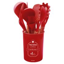 Kit 12 Peças Utensílios De Cozinha Em Silicone Vermelho Cabo Madeira Ke Home