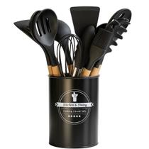 Kit 12 Peças Utensílios de Cozinha Feito com Silicone e Cabo de Madeira Jogo Completo com Porta Talher