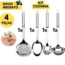 Kit 12 Peças Utensílios para Cozinha em Inox 3 Conchas + 3 Escumasdeira + 3 Pegador de Massas + 3 Co