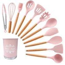Kit 12 Peças Utensílios Silicone Rosa Concha Colher Madeira