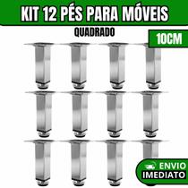 Kit 12 Pés Para Móveis Regulável Quadrado Cromado Pezinho Base Para Móveis Cama Armário 10cm