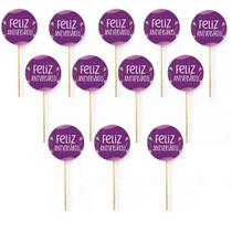 Kit 12 Picks Decorativos Arranjo de Flor Madeira Feliz Niver