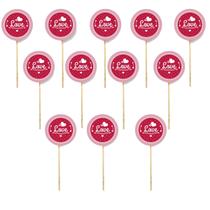 Kit 12 Picks Decorativos Arranjo de Flores Madeira Love Rosa