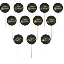 Kit 12 Picks Decorativos Arranjo Flor Madeira Happy Birthday