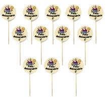 Kit 12 Picks Decorativos Arranjo Flores Madeira Feliz Niver