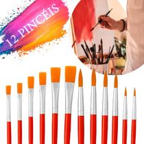 Kit 12 Pincéis Pintura Artesanato Ponta Fina Redonda E Chato