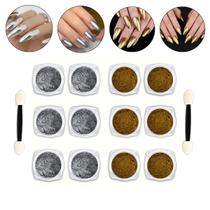Kit 12 Pó Cromado Metalizado Unhas Prata + Dourado + Pincéis Kit 12 Pó Cromado Metalizado Unhas Prata + Dourado + Pincéis