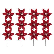 Kit 12 Poinsetia Decorativa Natalina Vermelha com Bordas Vermelha e Branca 35cm Tok da Casa