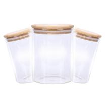 Kit 12 Pote Mantimento Vidro Borossilicato Hermético Tampa Bambu Tempero 600ml
