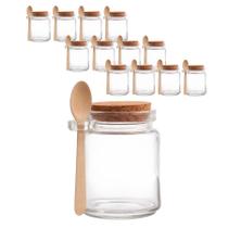 Kit 12 Pote Porta Tempero Redondo Vidro com Colher de Bambu e Tampa Rolha 200ml