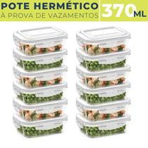 Kit 12 Potes de Vidro Hermético Marmita 4 Travas 370 ml Fitness Mantimentos Tampa Alimentos Microondas Retangular Jogo