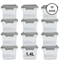 Kit 12 Potes Quadrado Com 4 Travas 1,4L Cinza
