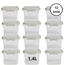 Kit 12 Potes Quadrado Com 4 Travas 1,4L Off White