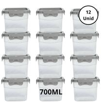 Kit 12 Potes Quadrado Com 4 Travas 700ML Cinza
