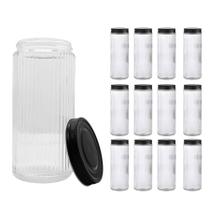 Kit 12 Potes Vidro Canelado 1l Tampa Preta Para Temperos