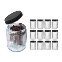 Kit 12 Potes Vidro Canelado 600ml Tampa Preta Para Temperos