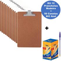 Kit 12 Pranchetas Ofício Souza Duratex + 50 Canetas Azul BIC