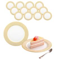 Kit 12 Prato Raso De Porcelana Branco Com Borda Dourada 20cm