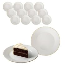 Kit 12 Prato Redondo Sobremesa Opaline Branco Borda Dourada