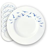 Kit 12 Prato Sobremesa Tramontina Aba Larga 21cm Decorado Gaivotas Passaros Decalque Azul porcelana Aperitivos