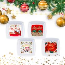 Kit 12 Pratos de Lanche Natalino 26cm Plástico Decorado Modelos Sortidos Reutilizável Doces Sobremesas Salgados Mesa Fes