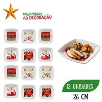 Kit 12 Pratos de Lanche Natalino 26cm Plástico Decorado Modelos Sortidos Reutilizável Doces Sobremesas Salgados Mesa Festa Ceia