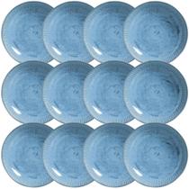 Kit 12 Pratos Fundos 830ml Cerâmica Azul Linhas Breeze 22,5cm Mesa Jantar Porto Brasil