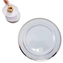 Kit 12 Pratos Plástico Resistente 19cm Festas Borda Prata