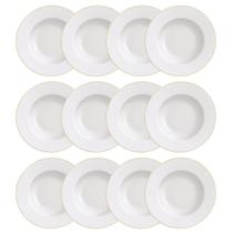 Kit 12 Pratos Rasos Jantar Branco Borda Dourada Porcelana 28cm Elisa Tramontina Aba Larga