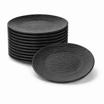 Kit 12 Pratos Rasos Sobremesa 20cm de Plástico Efeito Pedra