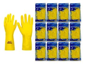 Kit 12 Prs Luva Látex Amarela Forrada Multiuso Limpeza L 9 (