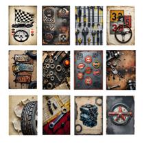 Kit 12 Quadros Carros Garagem Ferramentas Oficina 21x15cm