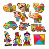 Kit 12 Quebra-cabeça Infantil Animais Personagens Transportes e Tangram Brinquedo Educativo MDF - Maninho - 3 anos