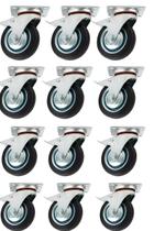 Kit 12 Rodízios Giratórios 3 Polegadas Borracha com Freio 40kg - Reforçado Industrial