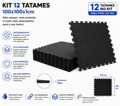 Kit 12 Tatames Tapetes Eva 100x100x1cm 1x1 Metro 10mm Preto Linha Premium com Bordas de Acabamento Kit 12 Tatames Tapetes Eva 100x100x1cm 1x1 Metro 10mm Preto Linha Premium com Bordas de Acabamento