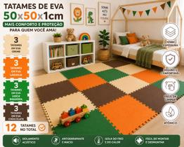 Kit 12 Tatames Tapetes EVA 50x50x1cm 10mm CREME e VERDE e MARROM e LARANJA Kit 12 Tatames Tapetes EVA 50x50x1cm 10mm CREME e VERDE e MARROM e LARANJA