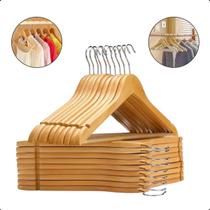 Kit 12 Unidades Cabide Madeira Acabamento Envernizado Adulto Gancho 360º Cromado Antiderrapante Casa Loja de Roupas