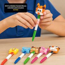 Kit 12 Unidades Caneta Régua Blocos de Montar Coloridos Encaixe Animais Bichos Canetinha Educativo