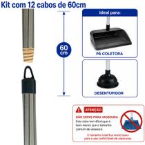 Kit 12 Unidades Encapado Para Pazinha / Desentupidor CABO de Rosca Madeira 60cm Encaixe Universal com Alça Plastificado