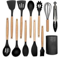 Kit 12 Utensílios Cozinha Silicone Bamboo Preto para Todos