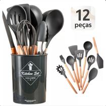 Kit 12 Utensílios Cozinha Silicone Bamboo Pronto para Enviar Preto
