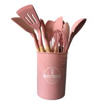 Kit 12 Utensílios Cozinha Silicone Bambu Resistente Cores