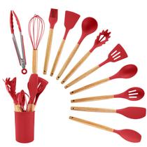 Kit 12 Utensílios Cozinha Silicone Cabo De Madeira Pegador