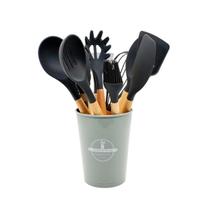 Kit 12 Utensílios Cozinha Silicone Cabo Madeira Antiaderente Cinza Kit 12 Utensílios Cozinha Silicone Cabo Madeira Antiaderente Cinza