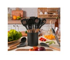 Kit 12 Utensílios Cozinha Silicone Cabo Madeira Antiaderente PRETO