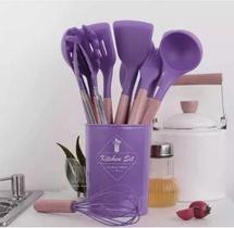 Kit 12 Utensílios Cozinha Silicone Cabo Madeira Bambu Casa Cozinha Colher Espátula Livre BPA