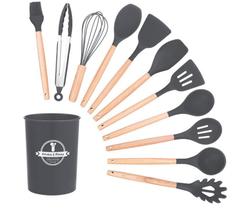 Kit 12 Utensílios Cozinha Silicone Cabo Madeira - Cinza